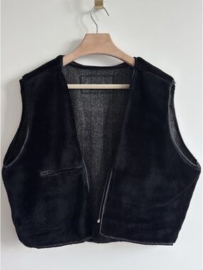 Hudson Outerwear Black Faux Suede Faux Fur Open Front Vest XL 90s Y2K Grunge